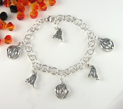 Sterling silver Halloween ghost and pumpkin charm bracelet